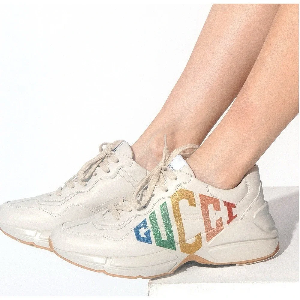 Gucci Rhyton Platform Calfskin Glitter Logo Womens Sneakers Mystic White EU 41 - Picture 2 of 16